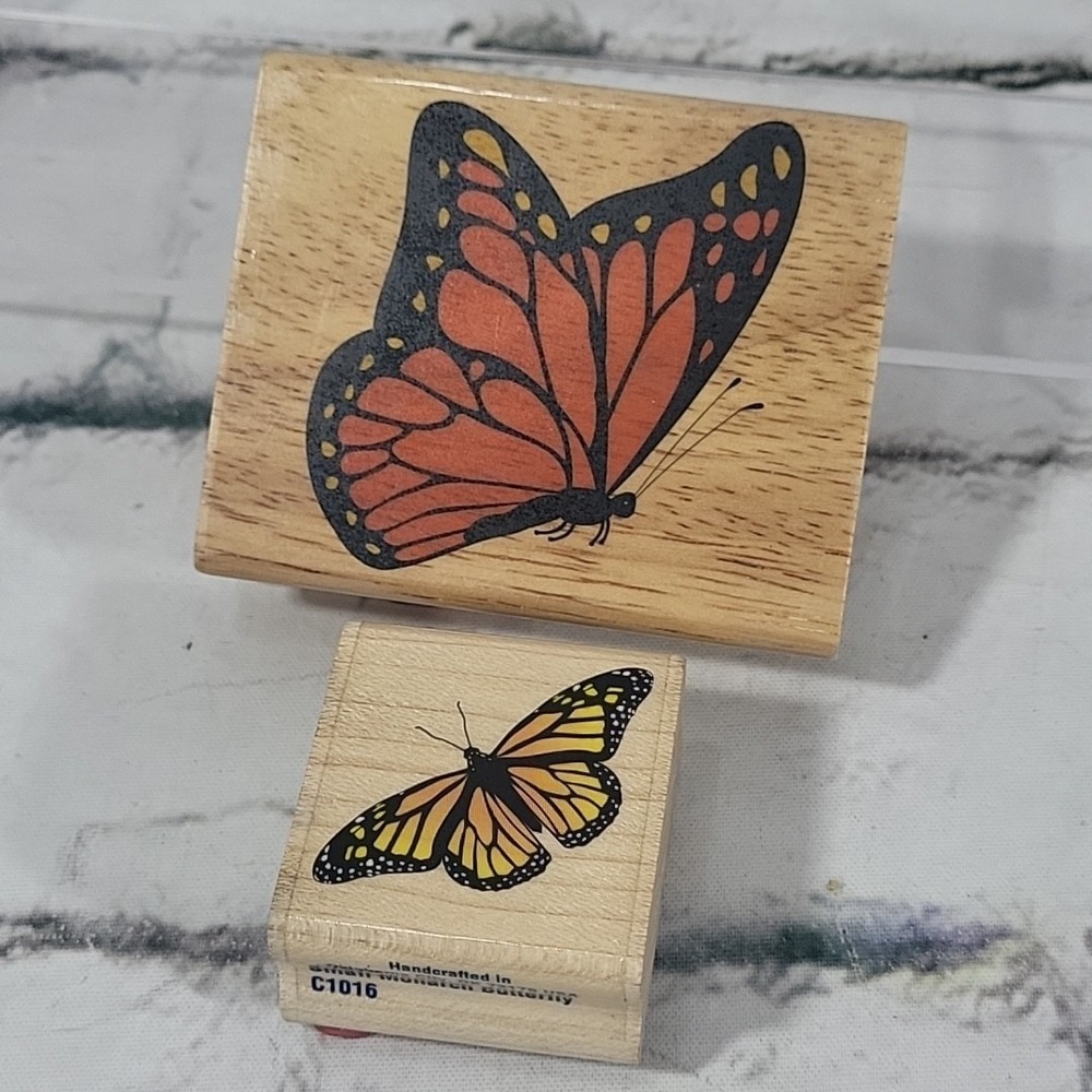 Monarch Butterfly Rubber Stamp Lot Of 2 Wood Mounted Crafts